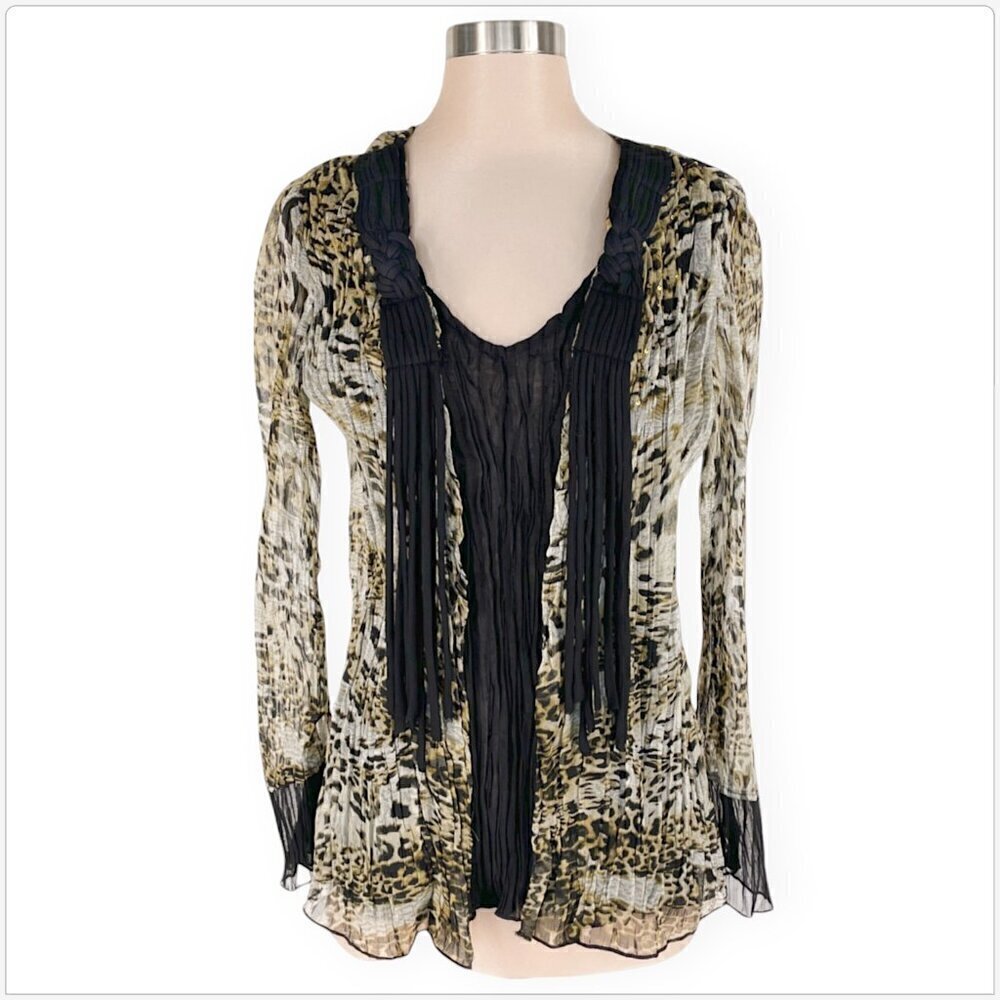 Alberto Makali Black Animal Print Mixed Media Layered Sequin Fringe Top NWT S